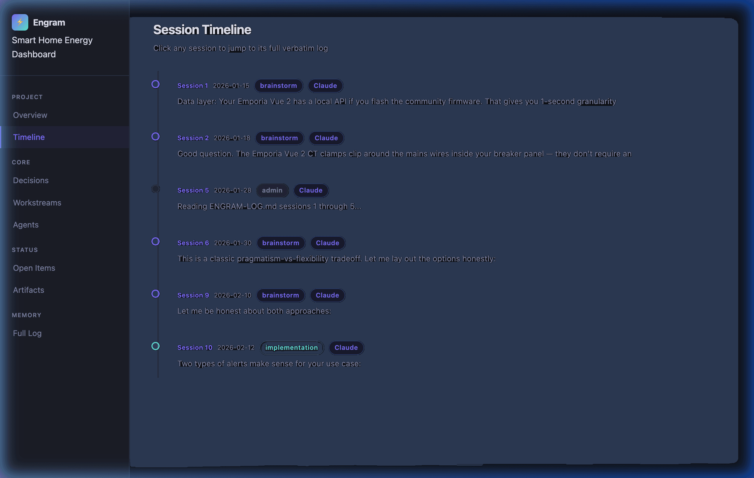 Engram session timeline showing chronological sessions with tags and AI model attribution